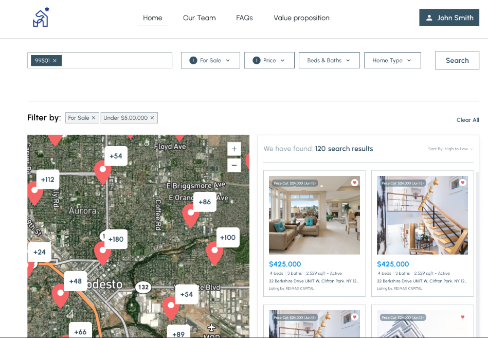 Search results with map pins and filters