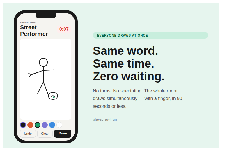 Drawing screen with canvas, colour palette, and countdown timer