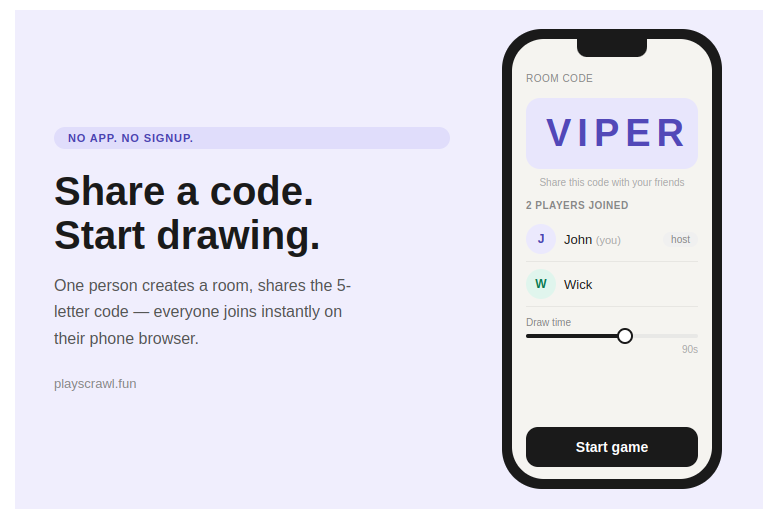 Lobby screen showing room code and players joined